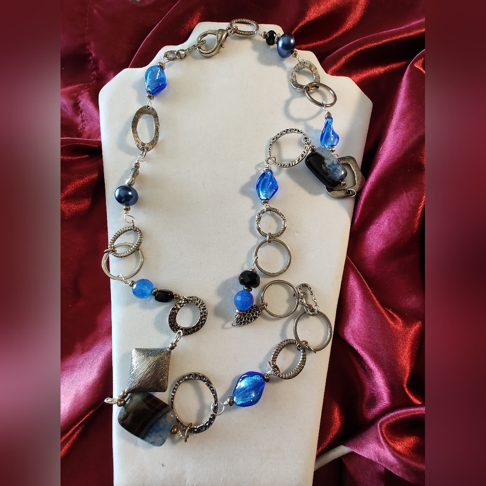 Vintage Blue Glass & Stone & Silver Tone Long Necklace With Large Lobster Clasp